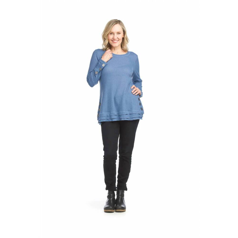 NEW PAPILLON waffle top with button detail in dark blue denim